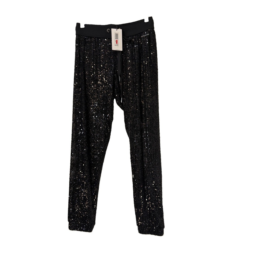 Calvin Klein XS Black Sequin Jogger Pants Elastic Waist Cuffed Hem Retro Disco